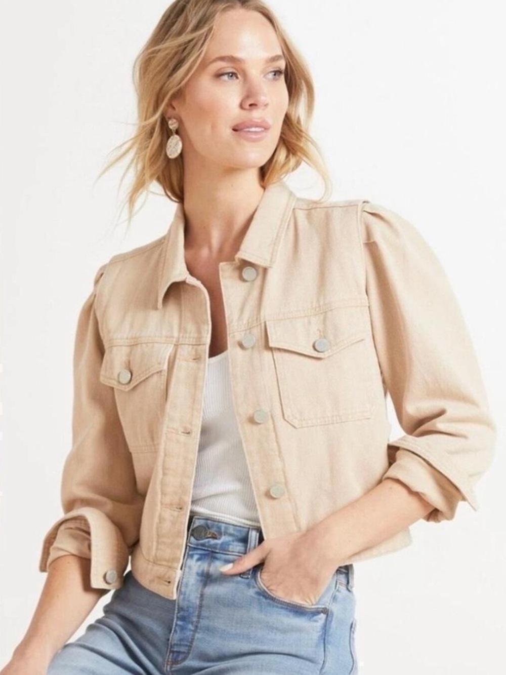 Blank NYC Cropped Jean Jacket in Light Beige